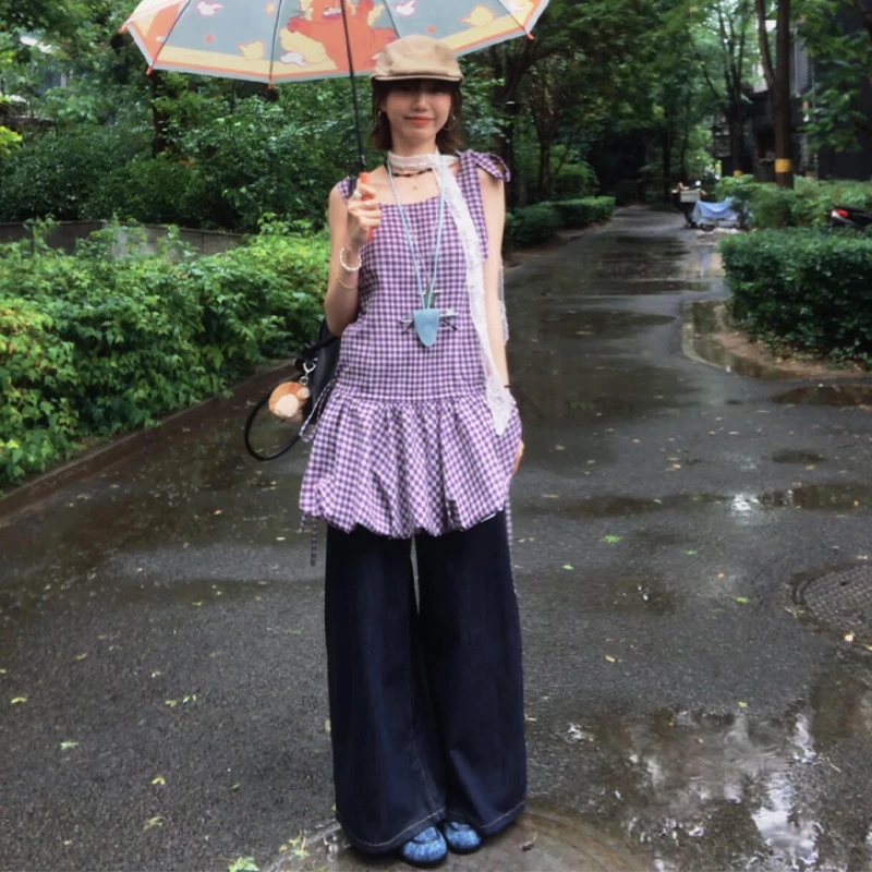 法式紫色格纹吊带连衣裙子女夏季2025新款爆款小个子漂亮花苞短裙