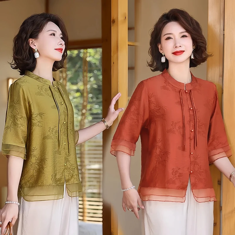 母亲节新款妈妈装春装洋气新中式夏装短袖大码老人气质中老年套装
