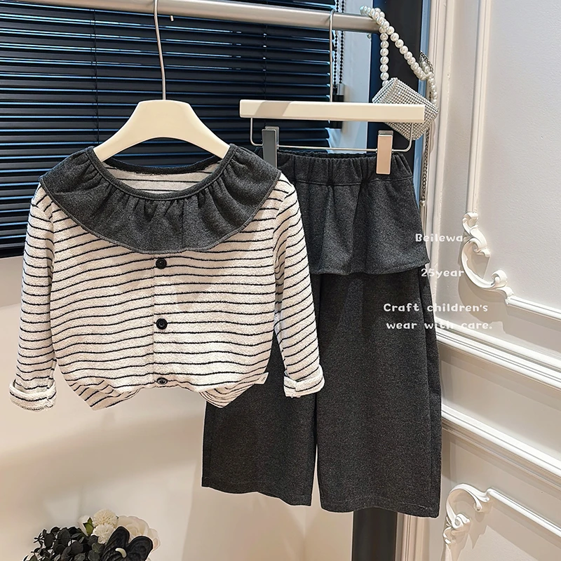 新款女童秋装百搭条纹灰白打底休闲裤套装女宝宝韩版简约潮流童装