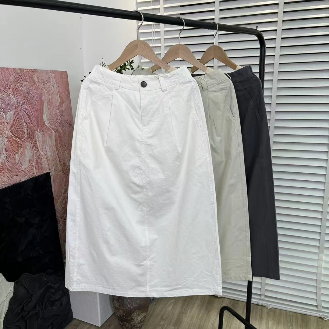 日系新款百搭「水洗棉版型很赞」松紧腰半身裙E5449