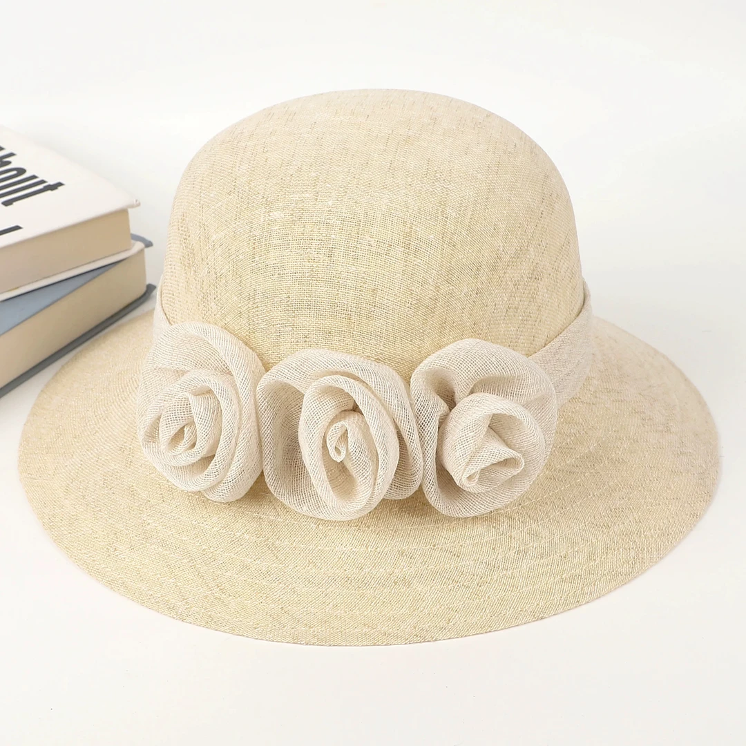7法式赫本风茶花圆顶亚麻遮阳防晒花朵度假沙滩帽百搭时尚遮阳帽