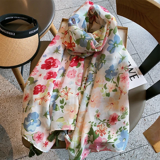 万紫千红花丝巾女棉麻围巾民族风百搭显白长款流苏旅游防晒披肩潮