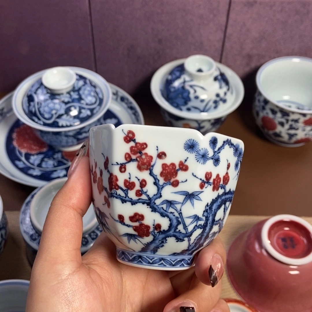 陶阳春白雪釉里红松竹梅六方杯