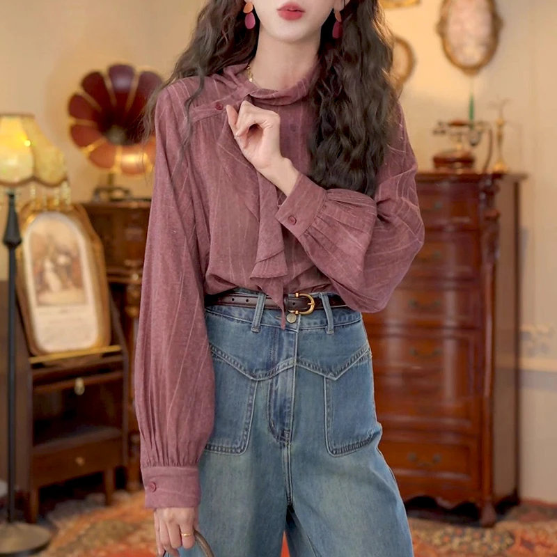 独特漂亮小衫复古条纹绑带长袖宽松衬衫女装2025早秋穿搭时髦上衣