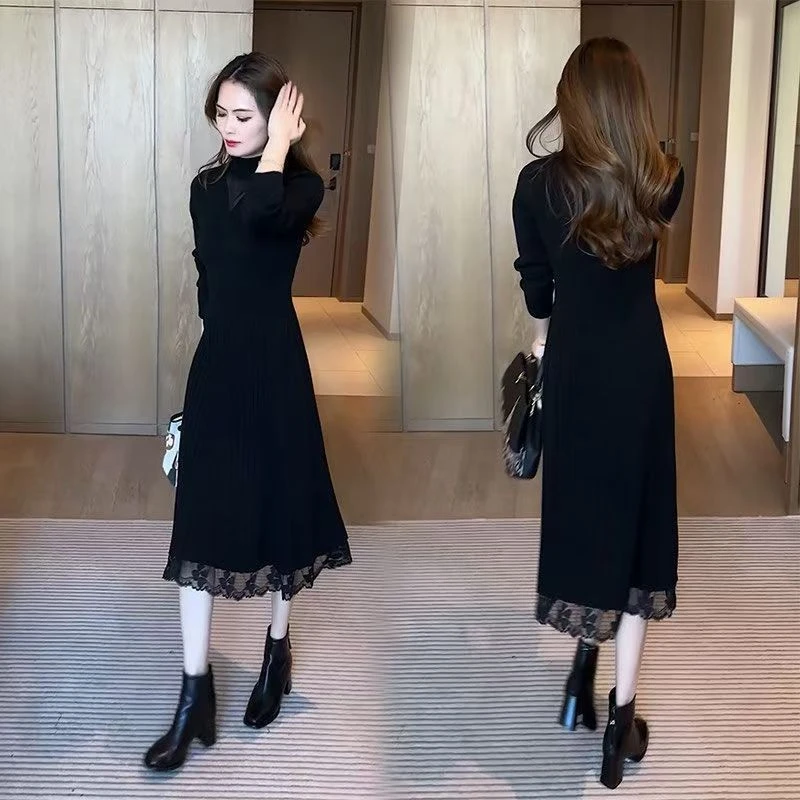 秋冬新款蕾丝针织连衣裙中长款女过膝修身显瘦内搭毛衣打底A字裙