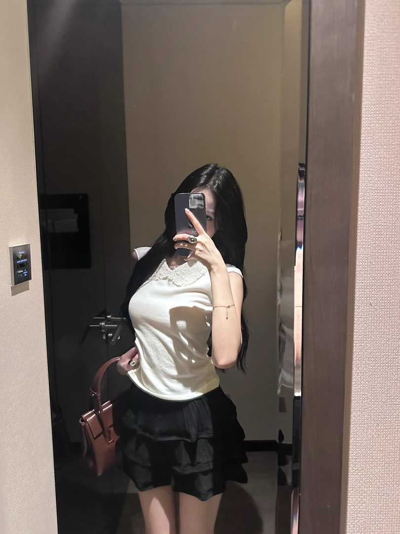 休闲百搭翻领无袖上衣小香风针织T恤高腰显瘦法式甜美纯欲蛋糕裙