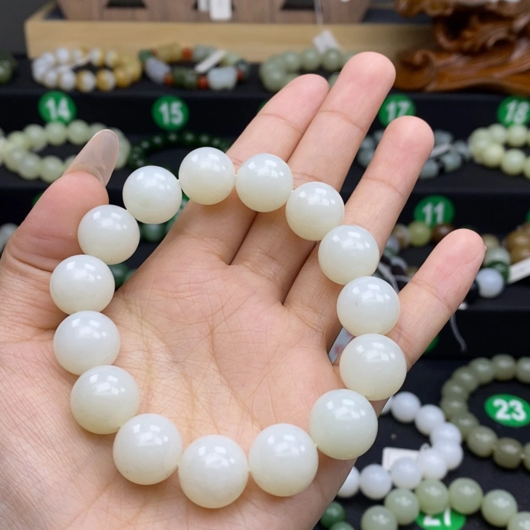 和田玉手链未镶嵌新疆白玉14mm