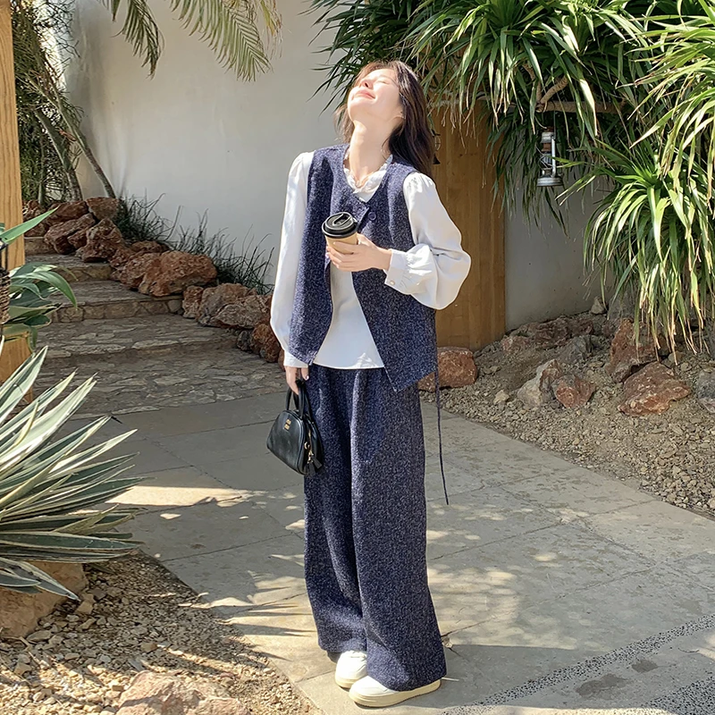 藏青色马甲打底衫阔腿裤三件套女2025春季新款时尚休闲慵懒风套装