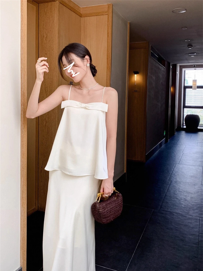 法式富家千金感气质套装仿醋酸蝴蝶结吊带背心女夏季半身裙两件套