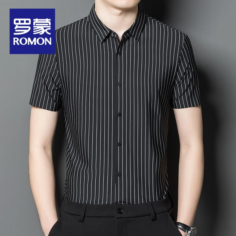Romon/罗蒙锦氨无痕衬衫男短袖丝滑免烫夏季薄款弹力半袖男士衬衣