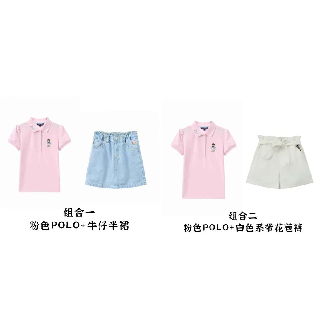【组合套装】TeenieWeenieKids女童泡泡袖刺绣POLO衫+牛仔半裙