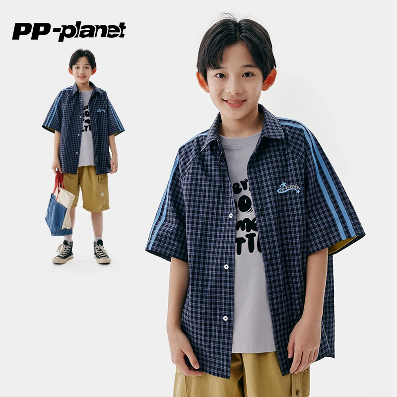 PP星球男童高街轻薄格子短袖衬衫儿童上衣中大童2025夏季新款衬衣