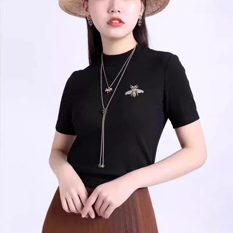 【商场同款】2025新款春夏百搭修身小蜜蜂刺绣针织短袖T恤1300360