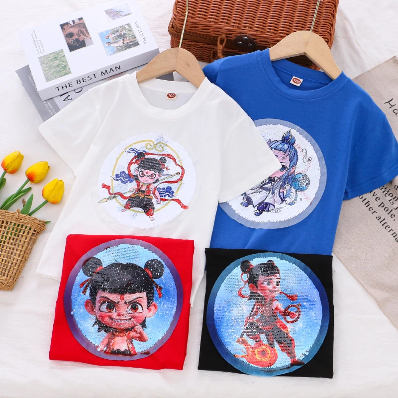 男童哪吒衣服夏季新款儿童变色亮片短袖T恤童装男孩哪吒儿童服装