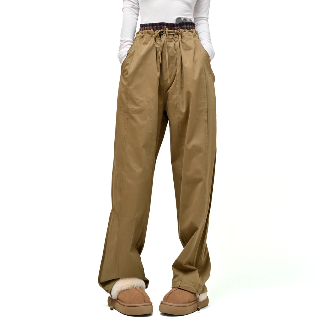 LUNAR NOSTALGIA美式辣妹松紧格纹拼接双腰工装休闲裤