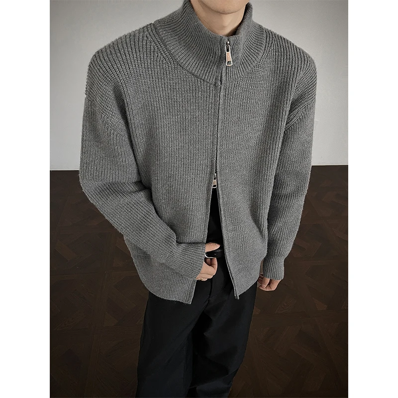 灰色立领开衫毛衣男款秋季慵懒风针织外套cleanfit双拉链设计上衣