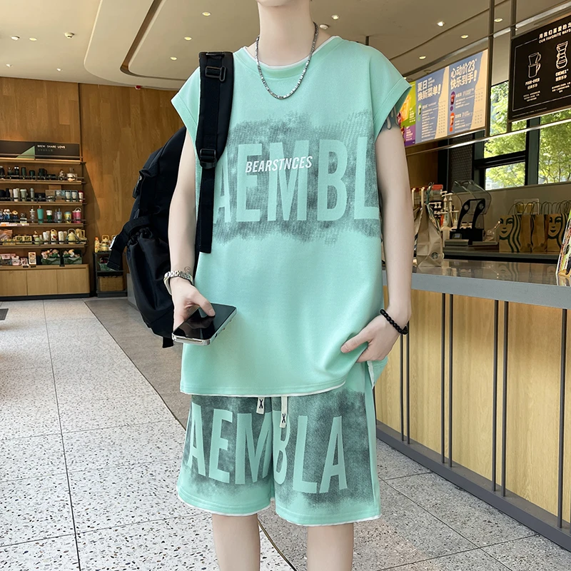 休闲无袖运动套装韩版宽松夏季速干薄款透气学生青少年两件套男