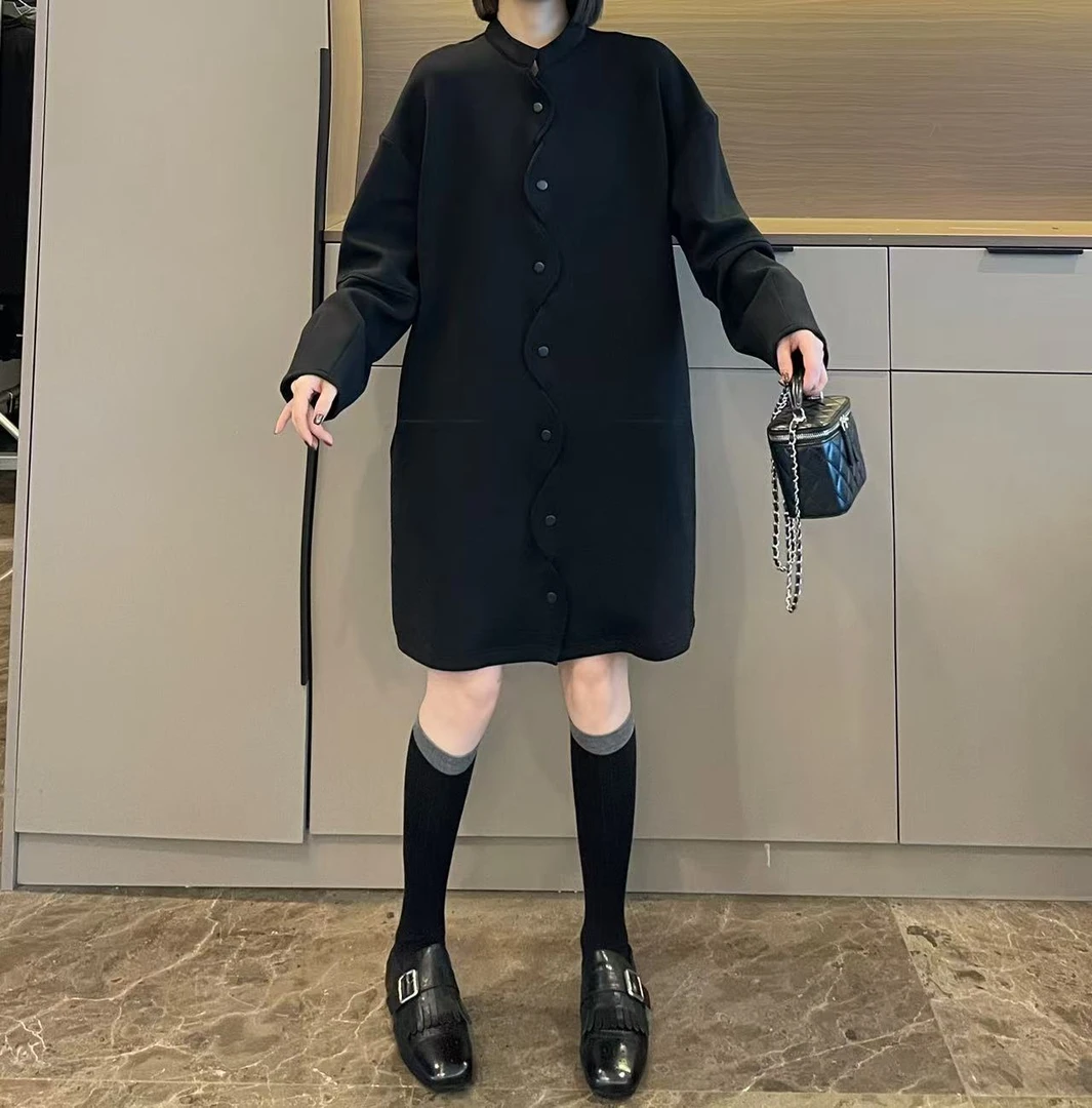 米可/MK-2865ZJ【不规则单排扣中长款连衣裙】时尚秋季新款连衣裙