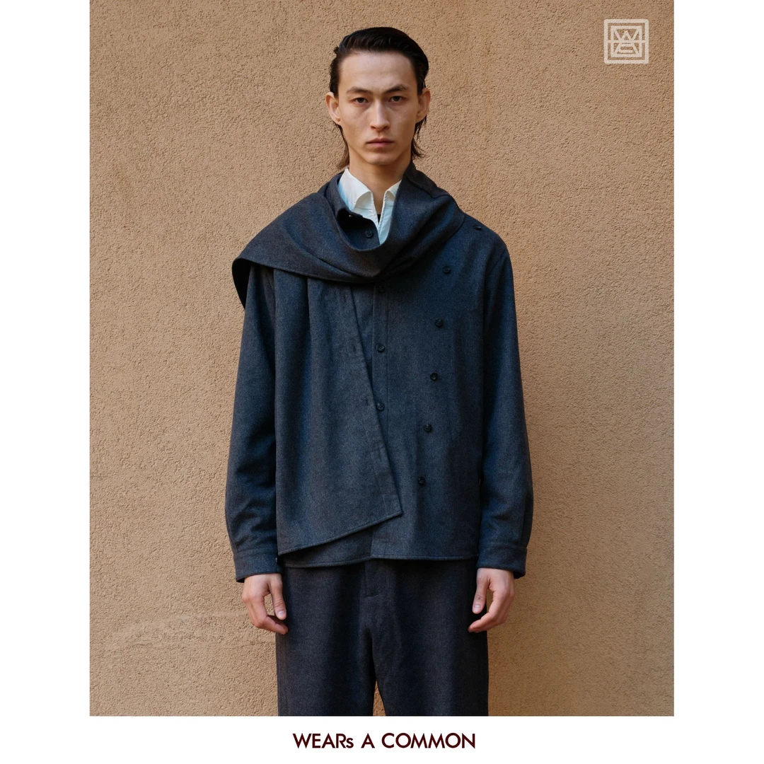 WAC 澳毛羊绒混纺宽松解构飘带围巾斜门襟老钱秋冬衬毛呢衫外套