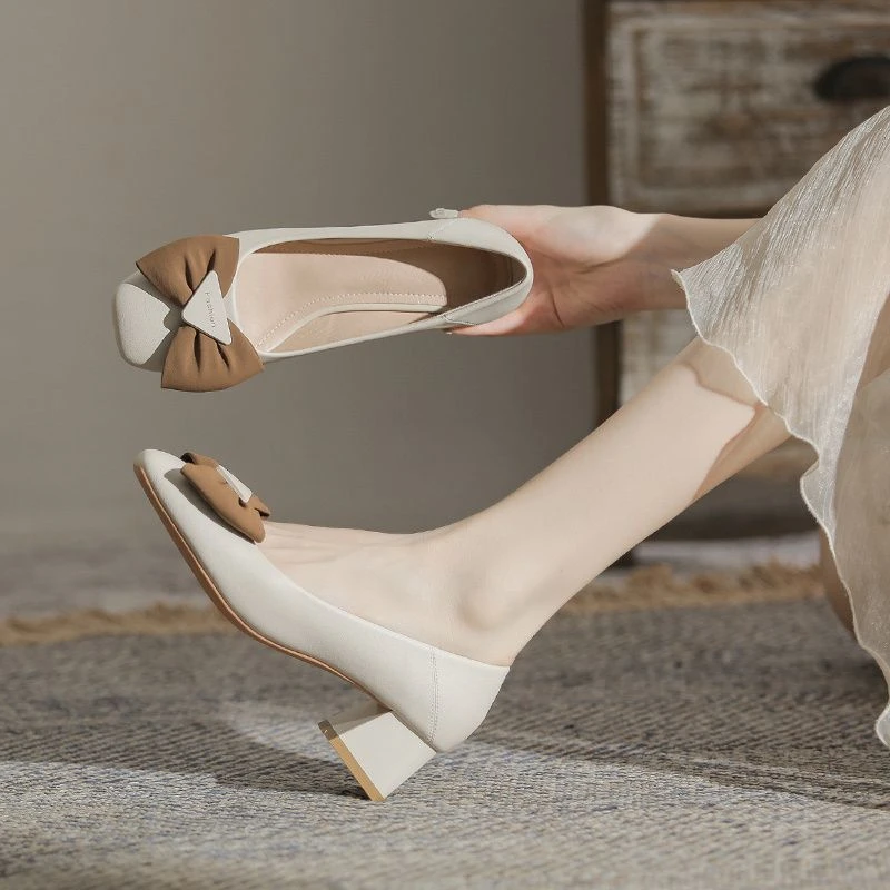 1077法式单鞋女春秋季新款女鞋厚底圆头深口方头浅口粗跟小高跟鞋