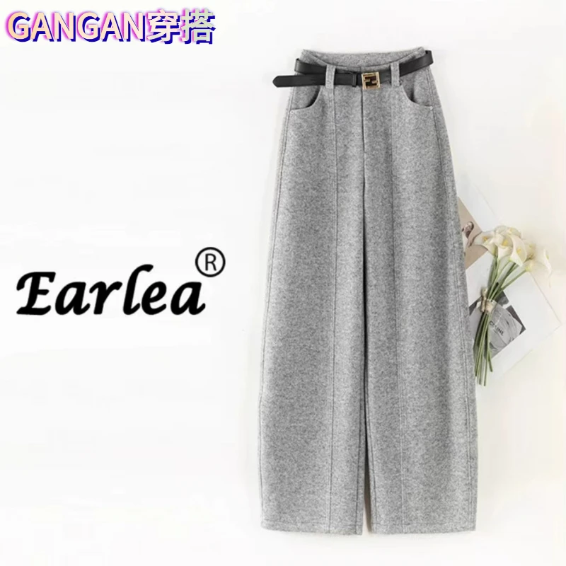 显瘦羊毛阔腿裤女秋冬高腰垂感毛呢灰色裤子宽松加厚感直筒弯刀裤