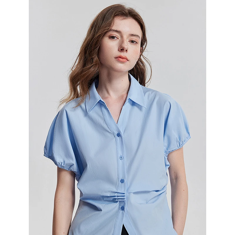 【琥珀流光】初语衬衫女夏2025灯笼袖收腰捏褶衬衣POLO领减龄上衣