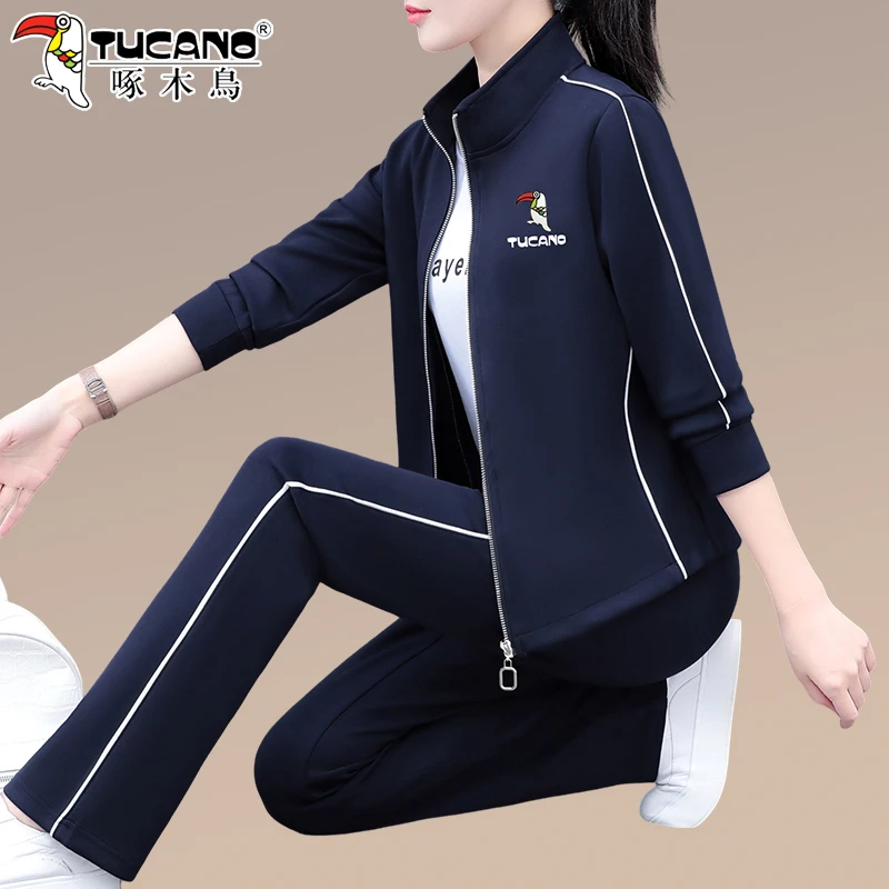 啄木鸟早秋运动服套装女2026新款春秋款女式宽松休闲外套三件套