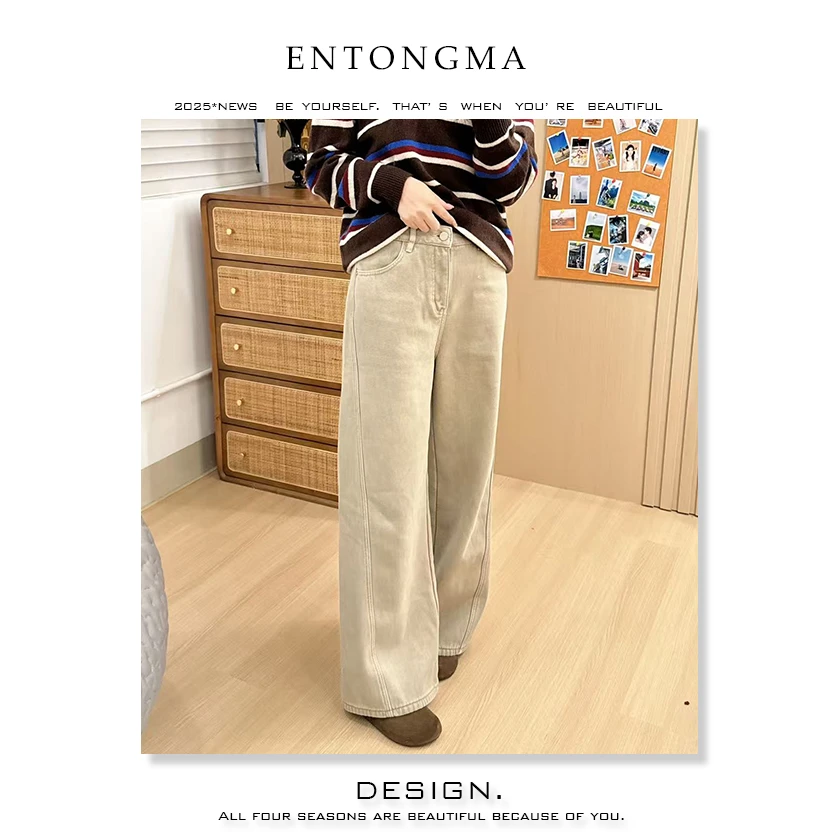 ENMA牛仔裤直筒裤宽松百搭水洗加绒冬季中高腰极简风