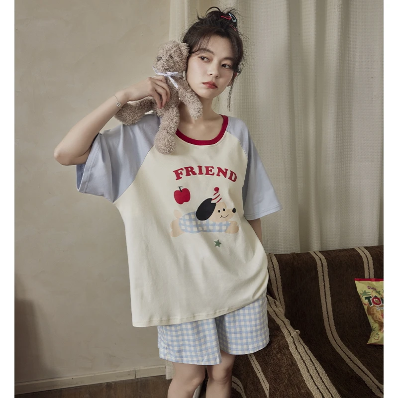 【带胸垫】纯棉睡衣女夏季短袖短裤卡通派对小狗可外穿家居服套装