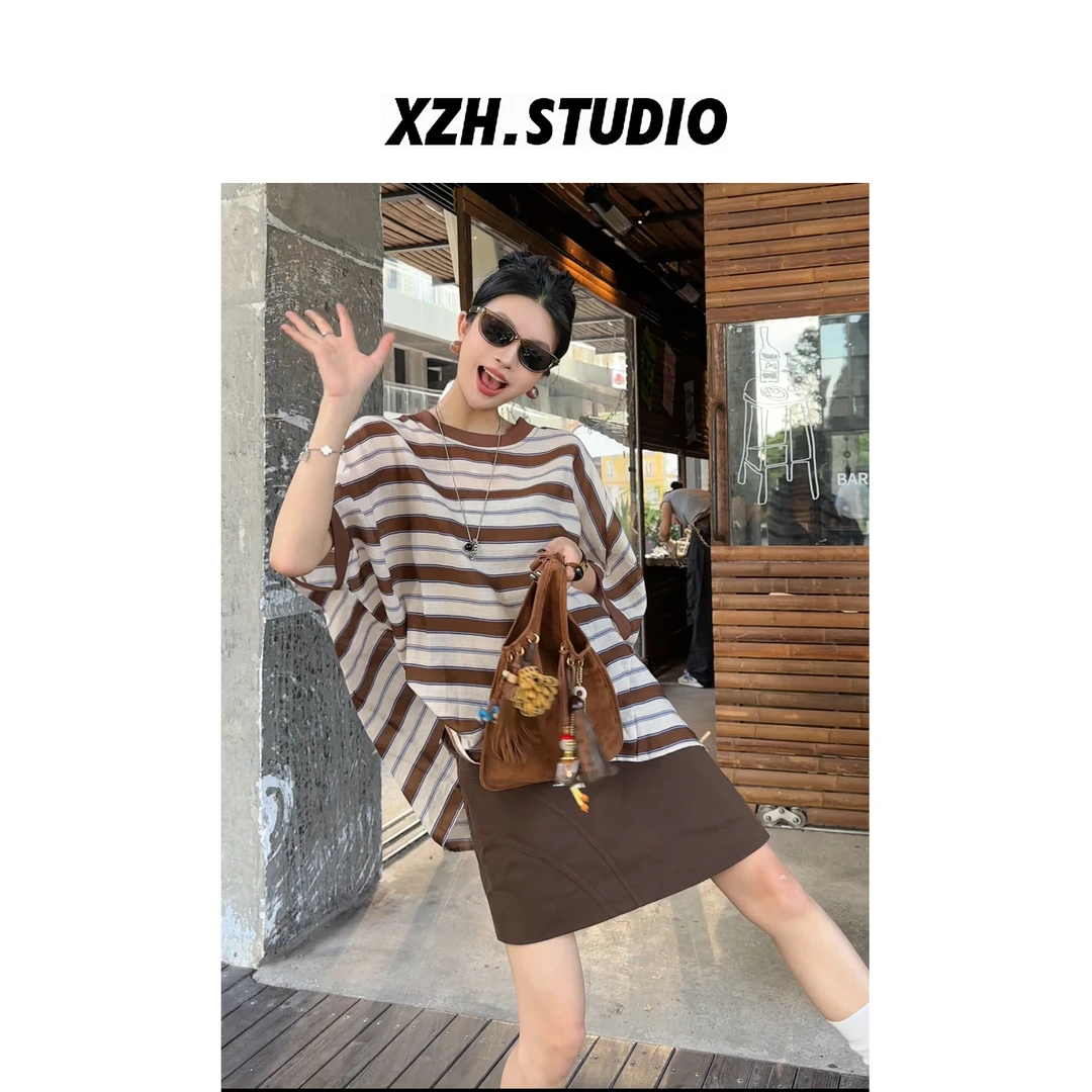 徐子涵ZIHAN 夏款复古撞色条纹T恤衫 宽松休闲大版圆领套头上衣女