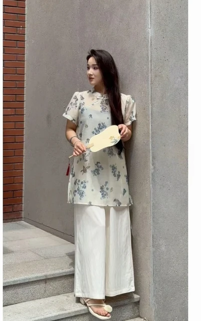 妮妮家9925夏季新品新中式国风盘扣两件套套装