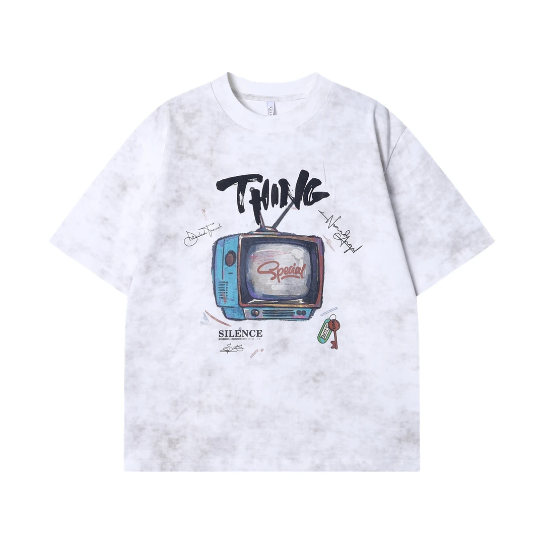 夏季高级感新款韩版字母电视印花圆领短袖T恤时尚情侣宽松上衣