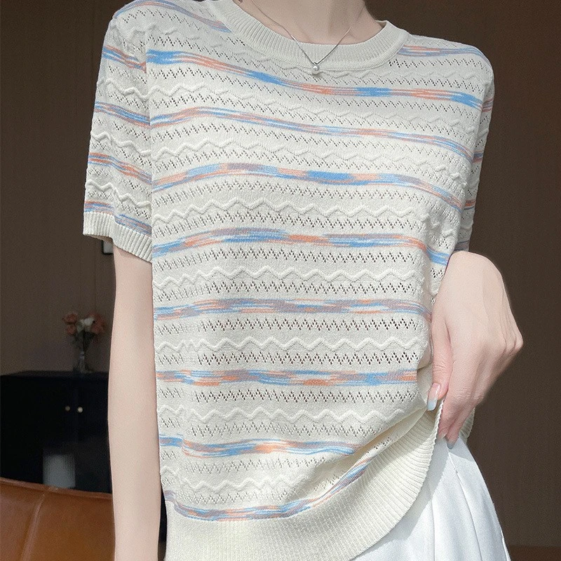清新风彩虹条纹小众设计感冰爽丝短袖女士圆领针织五分袖T恤衫潮