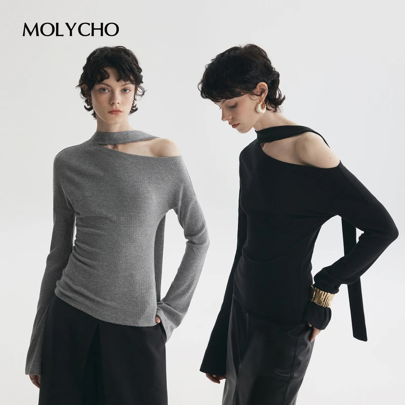 MOLYCHO  |  浪漫涟漪/氛围感飘带斜肩长袖T恤/镂空喇叭袖上衣女