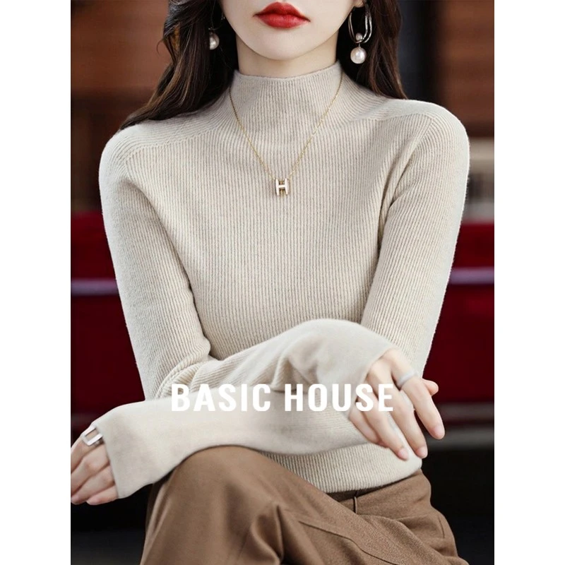 Basic House/百家好大衣内搭100%羊毛衫女秋季半高领针织打底衫