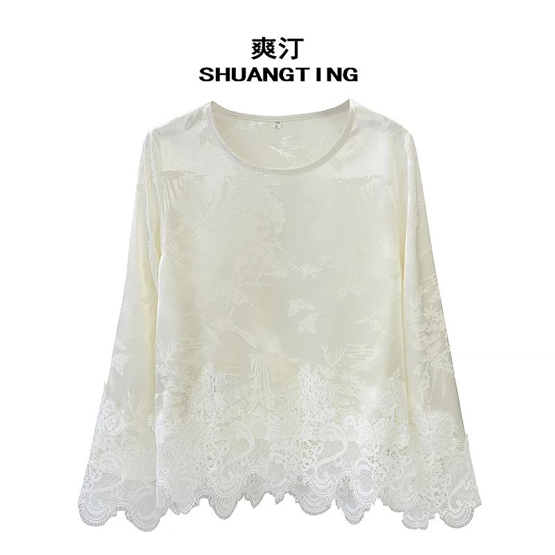 Jokara/丘可儿【阡陌】新中式提花衬衫蕾丝拼接宽松打底上衣春款