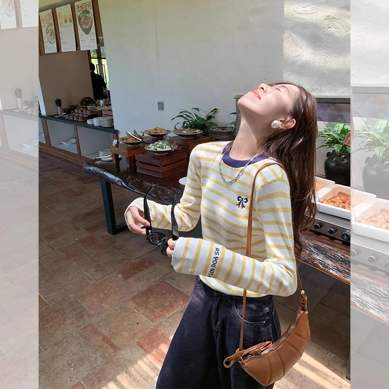 黄色条纹针织衫女新款chic早春上衣服修身百搭毛衣长袖早秋上衣