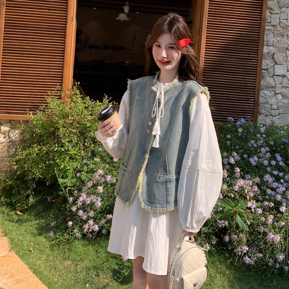 韩系穿搭可盐可甜减龄套装裙女春设计感毛边牛仔马甲连衣裙两件套