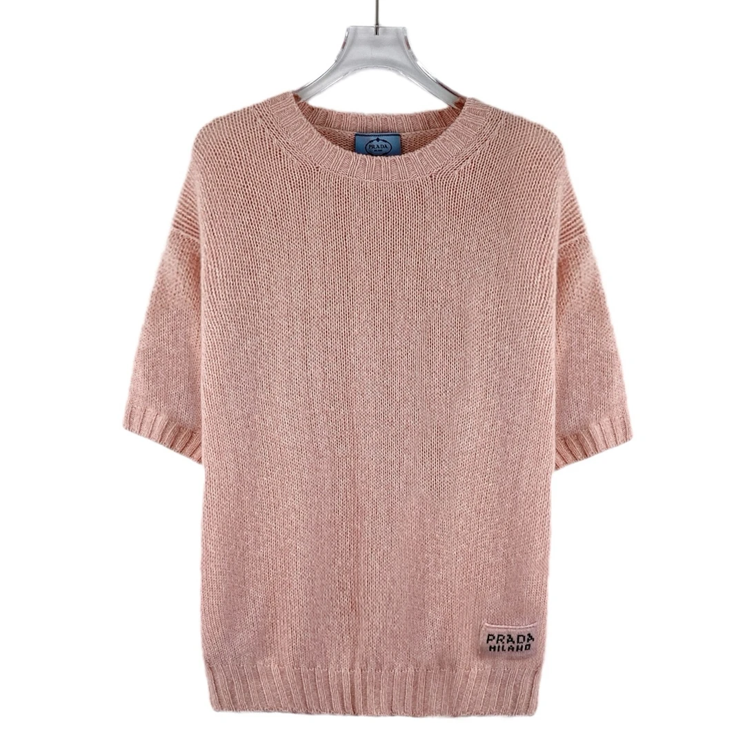 99新 Prada/普拉达 KW1014 logo字母嵌花羊毛圆领短袖针织衫 42码