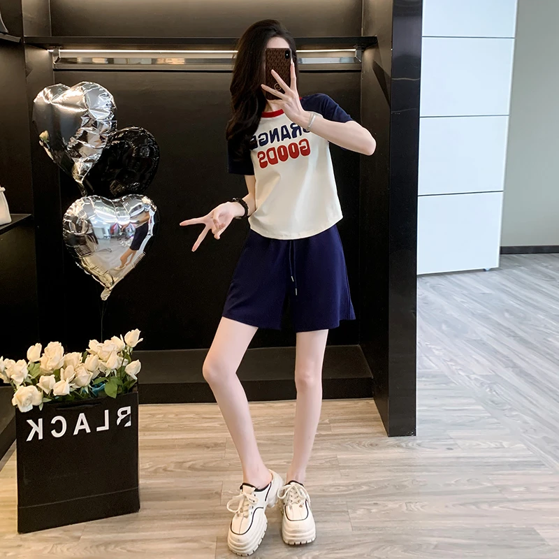 休闲套装女款2025时尚洋气夏季新款字母圆领短袖短裤运动套装潮