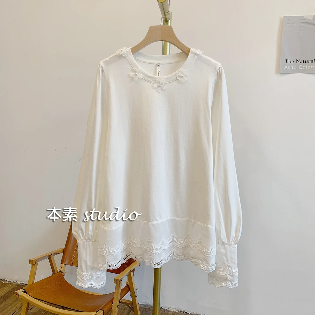 C3414钉珠贴花蕾丝拼接圆领长袖T恤