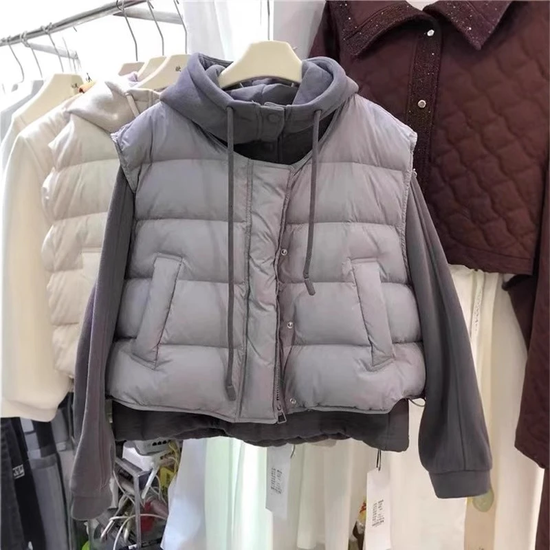 欧洲站胖mm冬季今年流行立领夹棉加厚马甲+加绒连帽卫衣两件套装