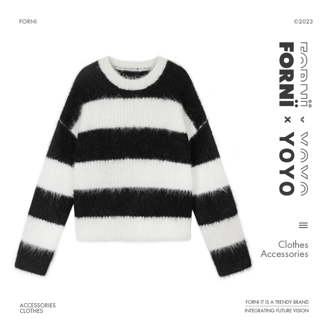 FORNI × YOYO 夹心奥奥 软糯糯轻盈舒适羊驼毛保暖套头条纹毛衣