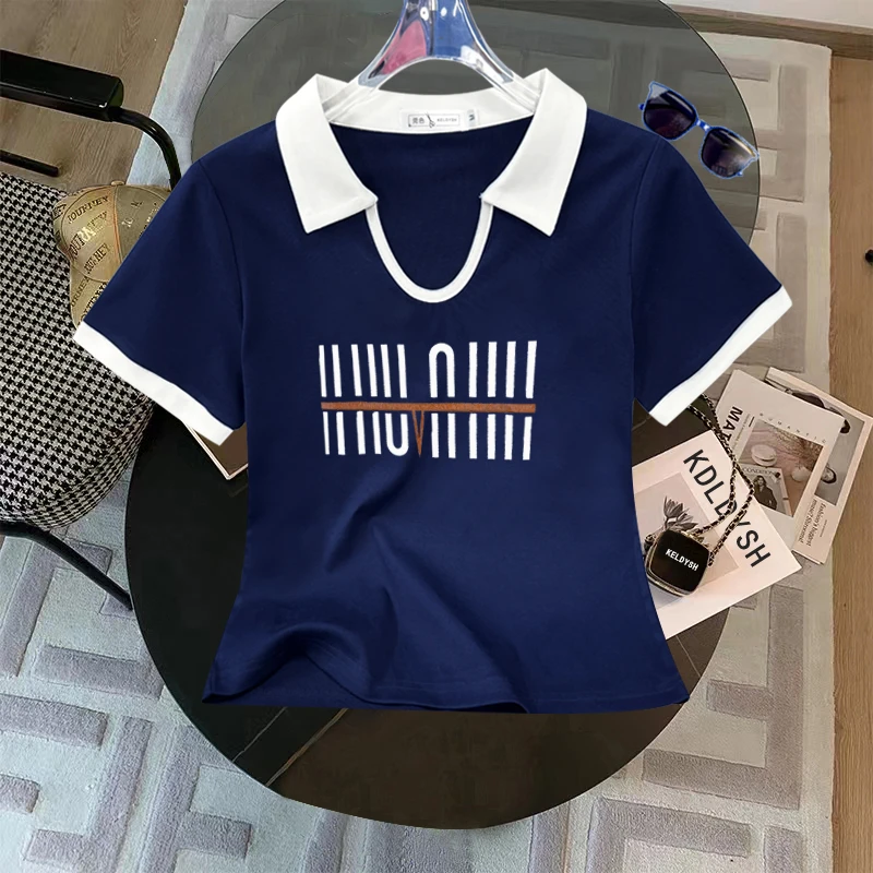 POLO翻领撞色短袖t恤女2025夏新款印花正肩休闲显瘦时尚短款上衣