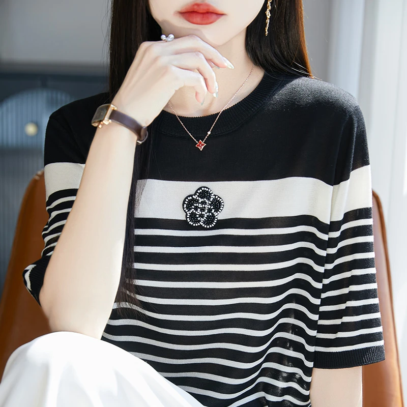 爆款高端条纹针织短袖t恤夏季时尚百搭宽松中袖气质撞色韩版圆领