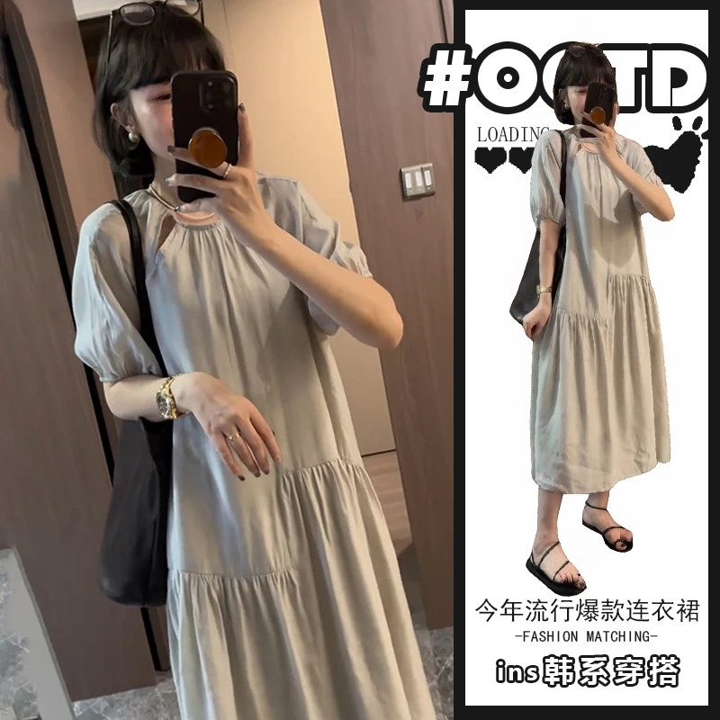 韩版简约休闲宽松短袖连衣裙女夏微胖显瘦气质高级感收腰小众长裙