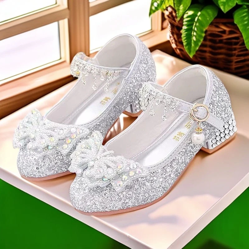 女童水晶鞋儿童高跟鞋银色公主鞋小女孩走秀表演鞋中大童软底皮鞋