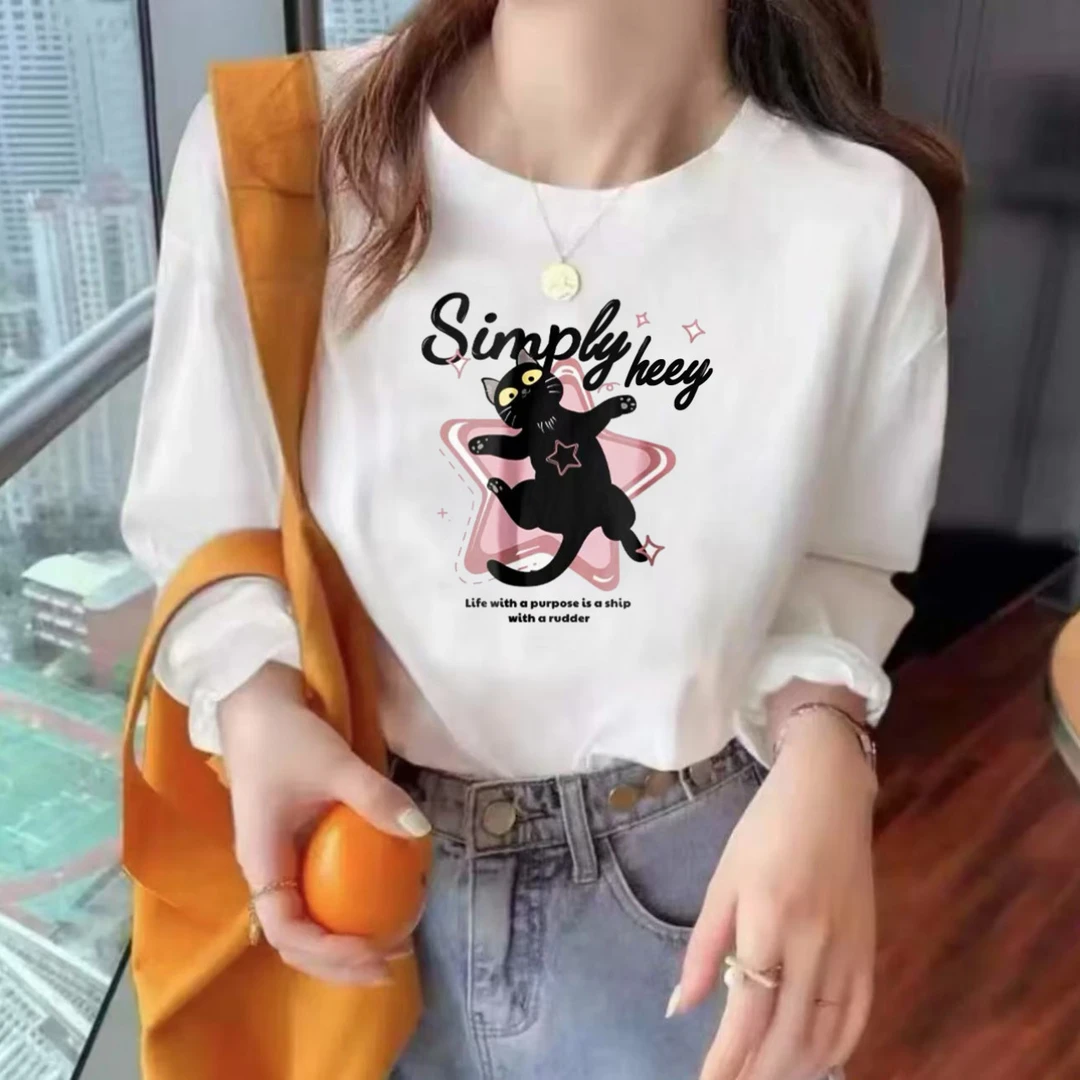 长袖秋衣男女休闲透气时尚百搭圆领印花T恤 快乐猫