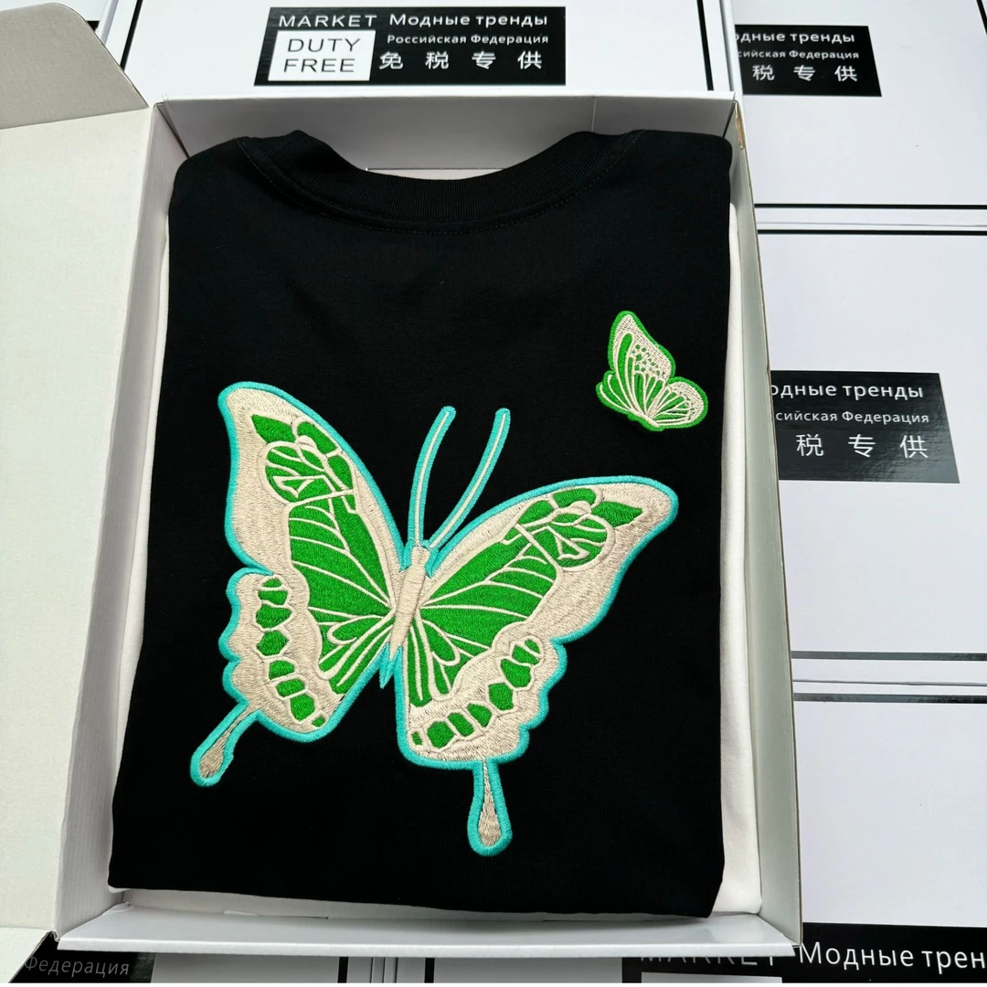 【3313】刺绣蝴蝶/300克重磅棉-广州UUS-欧潮阔版私服短袖男女同款-