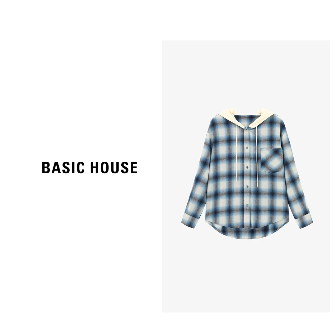 Basic House/百家好长袖时尚休闲百搭连帽条纹衬衫-B06245C6162